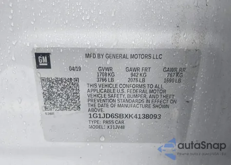 2019 Chevrolet Sonic Lt from USA, damaged, VIN 1G1JD6SBXK4138093